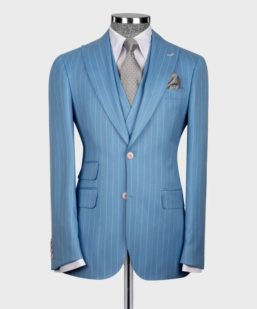 Men's Suit Set, %100 Wool, Striped, Blue — photograph 3