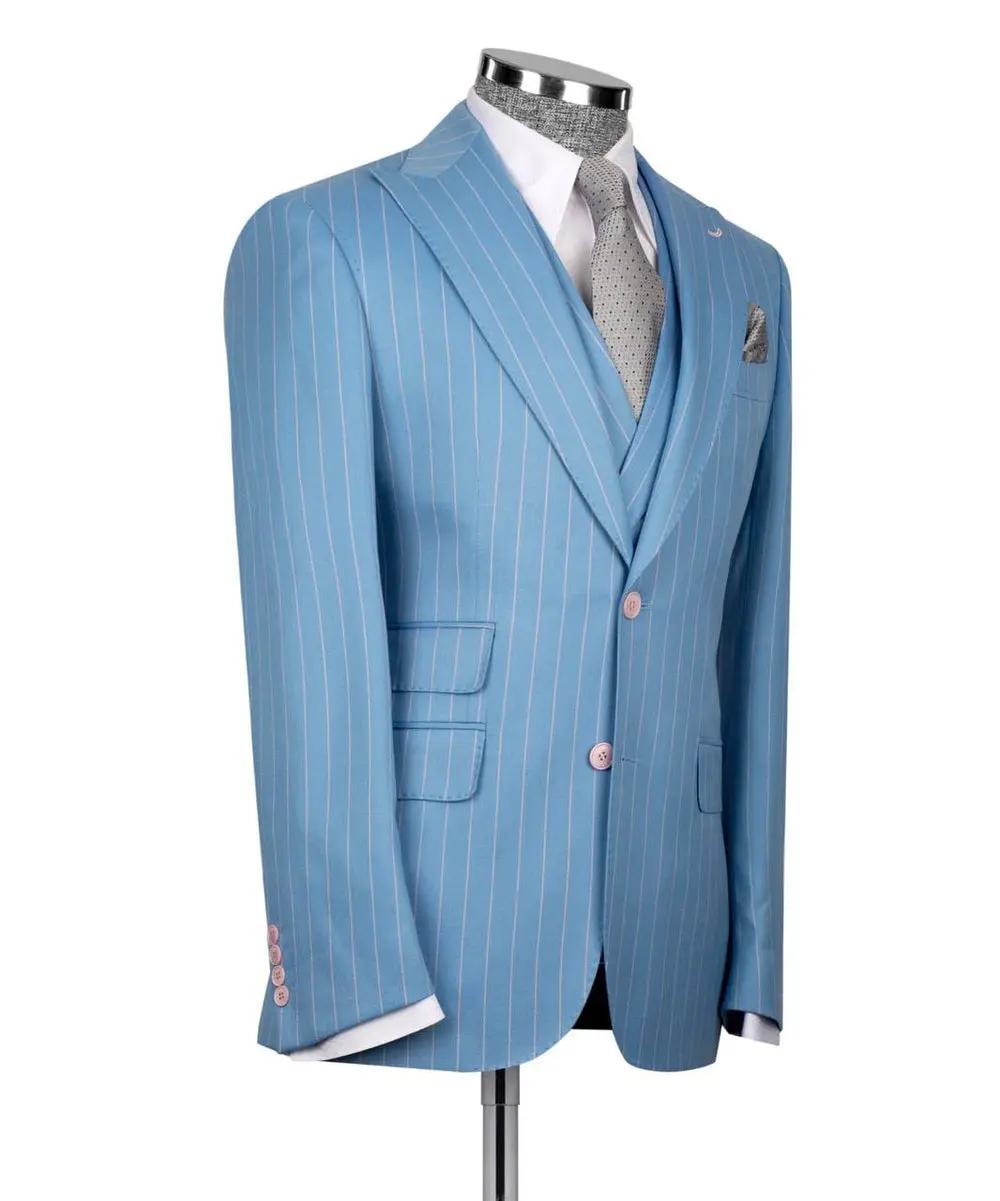 Men's Suit Set, %100 Wool, Striped, Blue — photograph 5