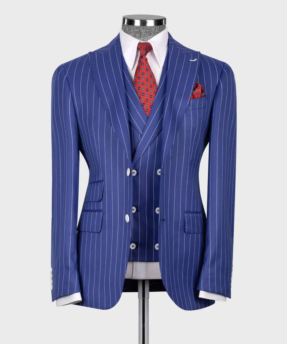 Men's Suit Set, %100 Wool, Striped, Blue — photograph 1