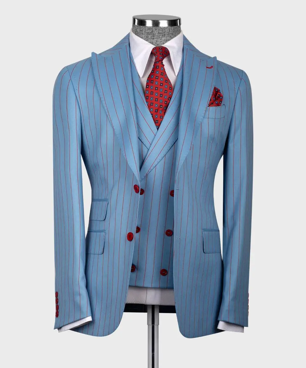 Men's Suit Set, %100 Wool, Striped, Blue — photograph 1