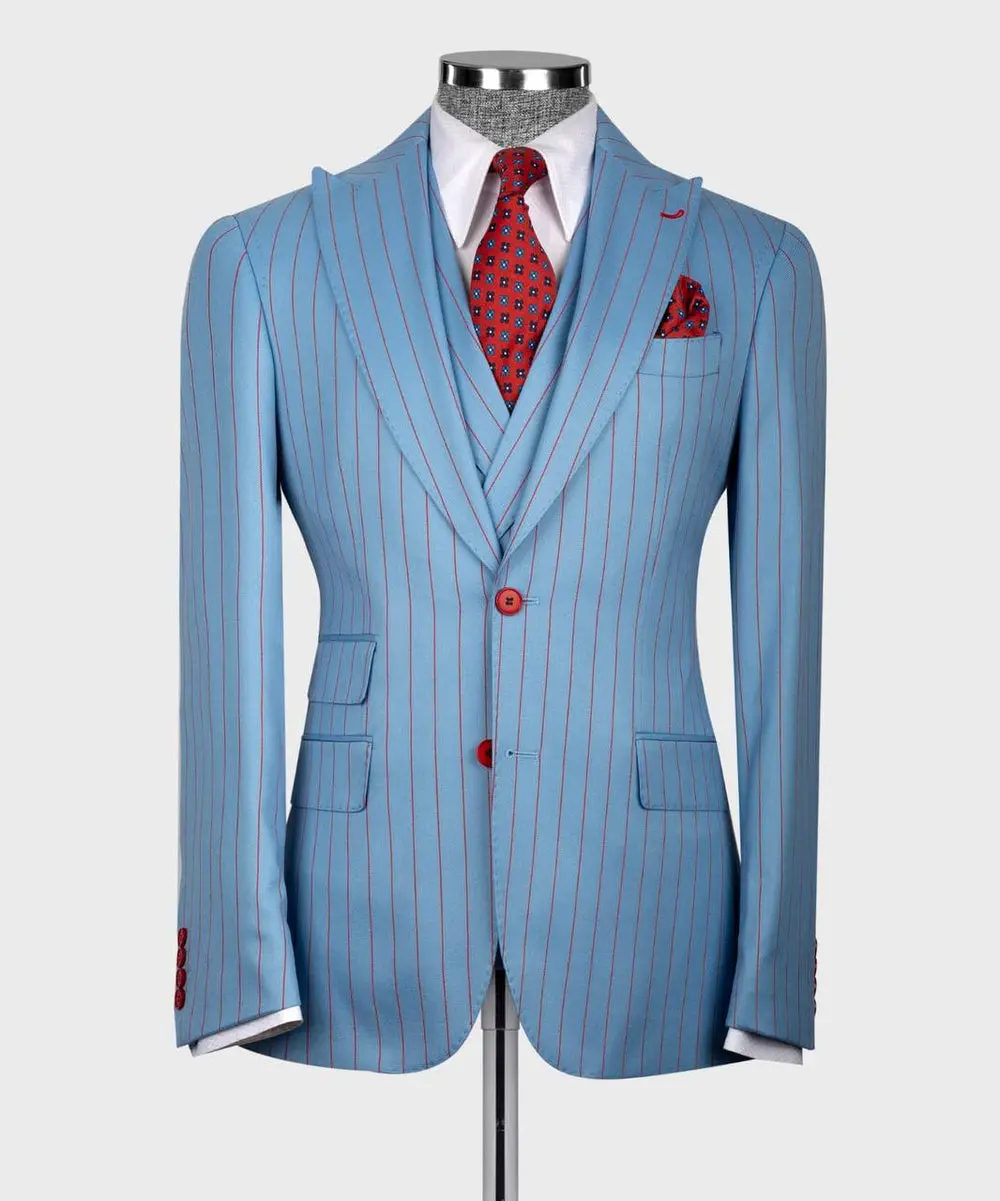Men's Suit Set, %100 Wool, Striped, Blue — photograph 3