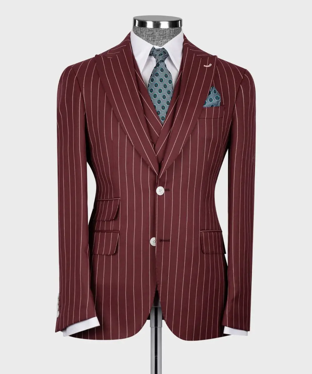 Men's Suit Set, %100 Wool, Striped, Burgundy — photograph 3