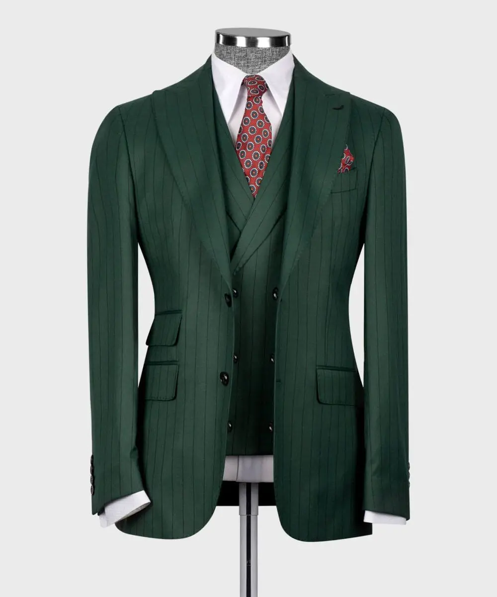 Men's Suit Set, %100 Wool, Striped, Green — photograph 1