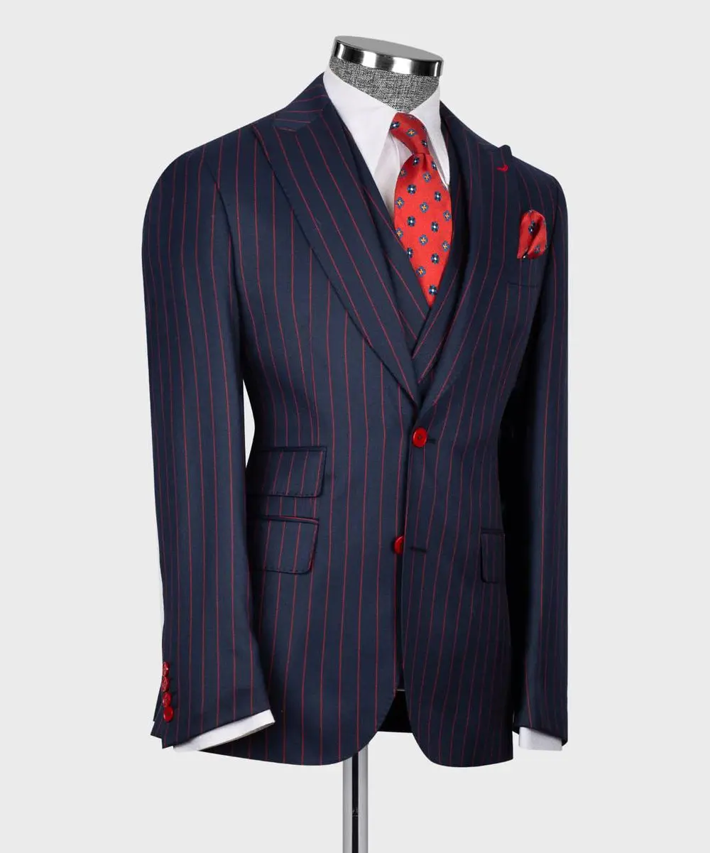 Men's Suit Set, %100 Wool, Striped, Navy — photograph 3