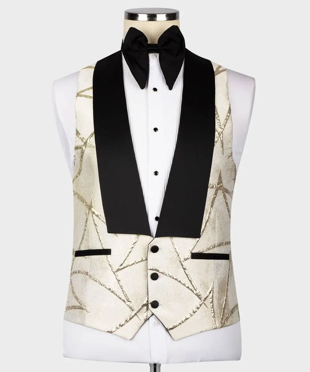 Men's Tuxedo -Cream -Golden Pattern with Black Collar — photograph 4