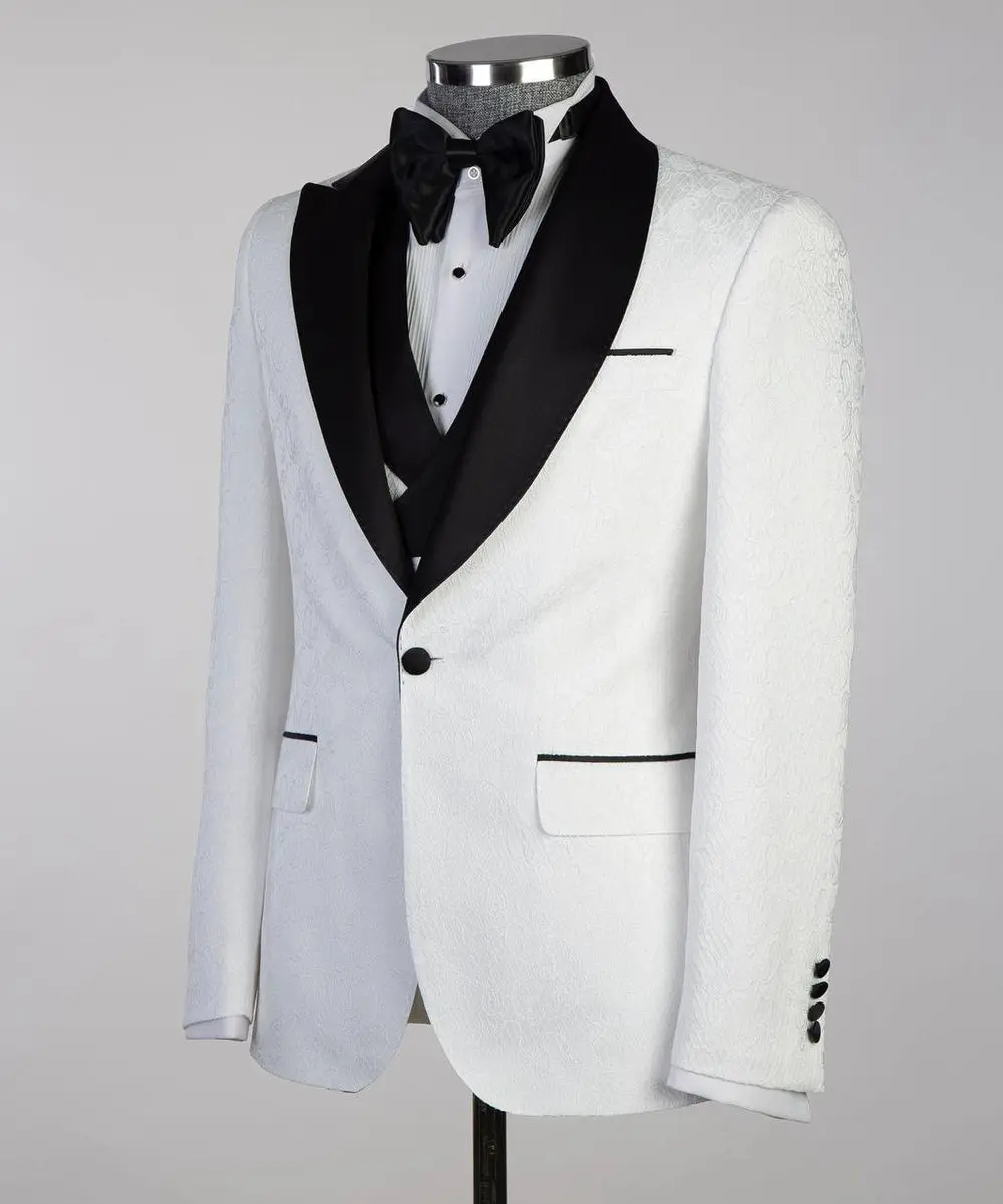Men's White Tuxedo-Asymmetrical Black Satin Lapel — photograph 5