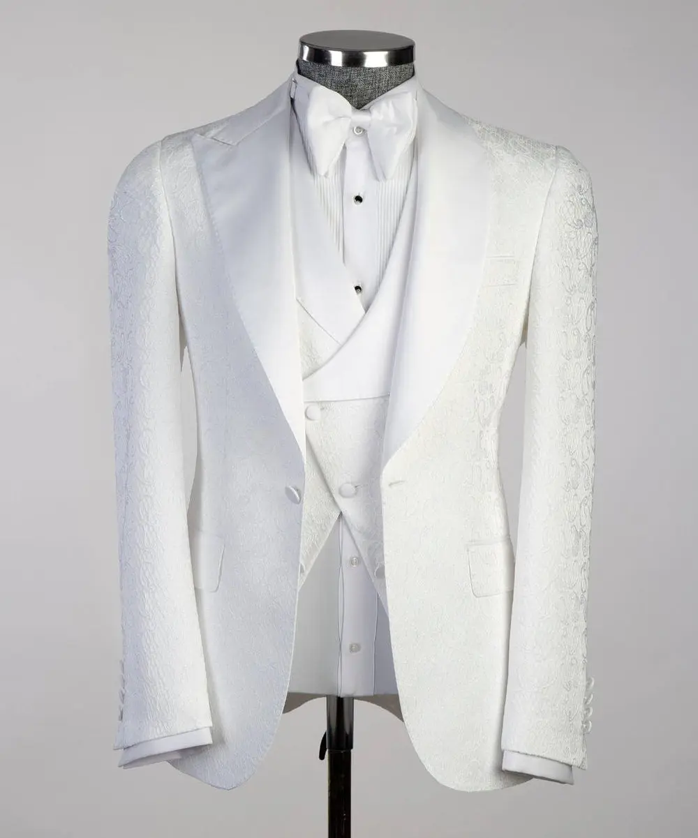 Men's White Patterned Tuxedo-Asymmetrical Satin Lapel — photograph 1