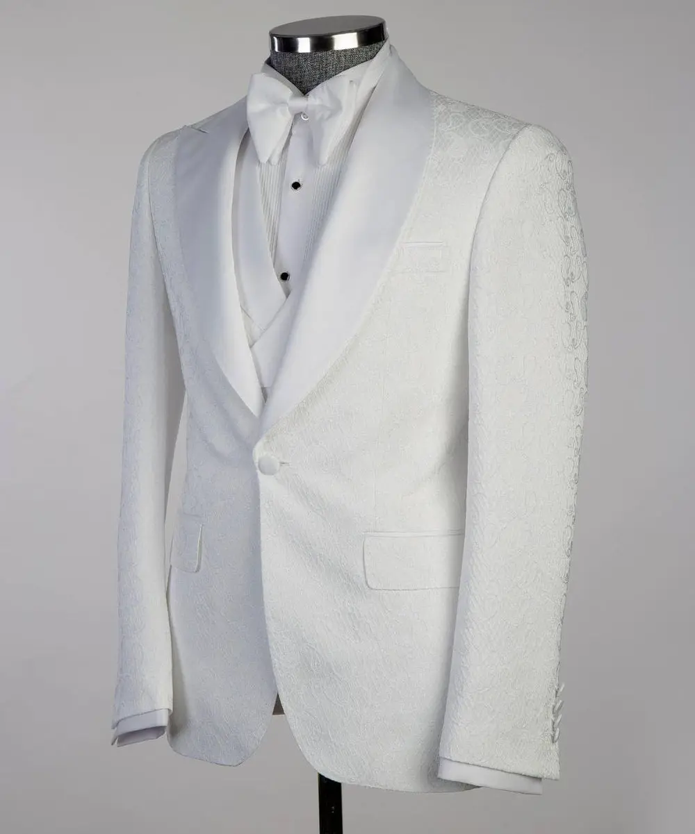 Men's White Patterned Tuxedo-Asymmetrical Satin Lapel — photograph 4