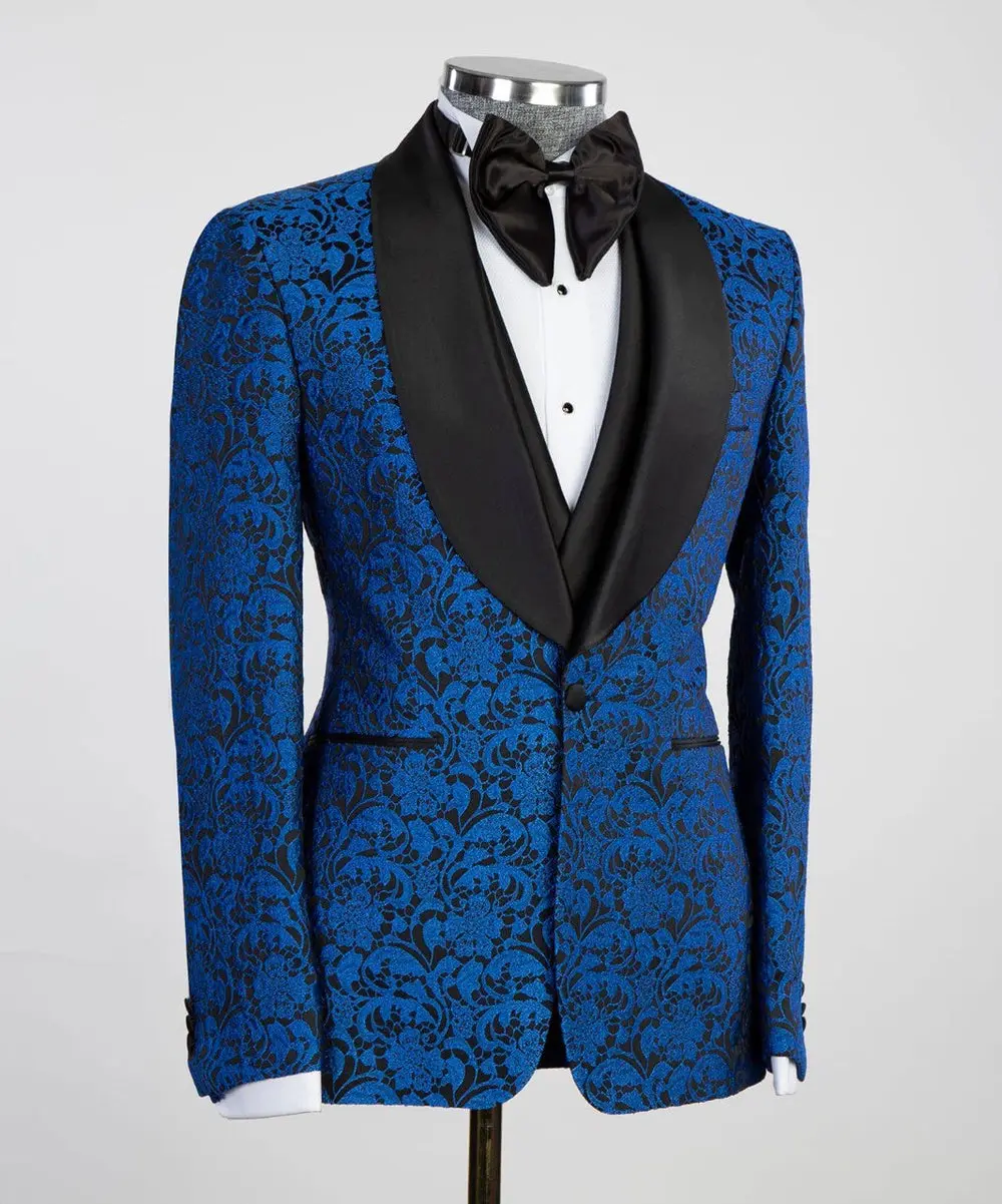 Men's 3 Piece Blue-Tuxedo Black Satin Lapel — photograph 3