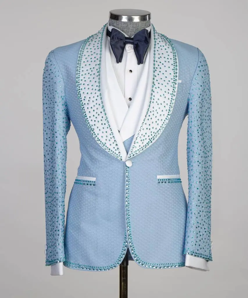 Men's 3 Piece Blue Costume, Suit, Beaded Tuxedo — photograph 1
