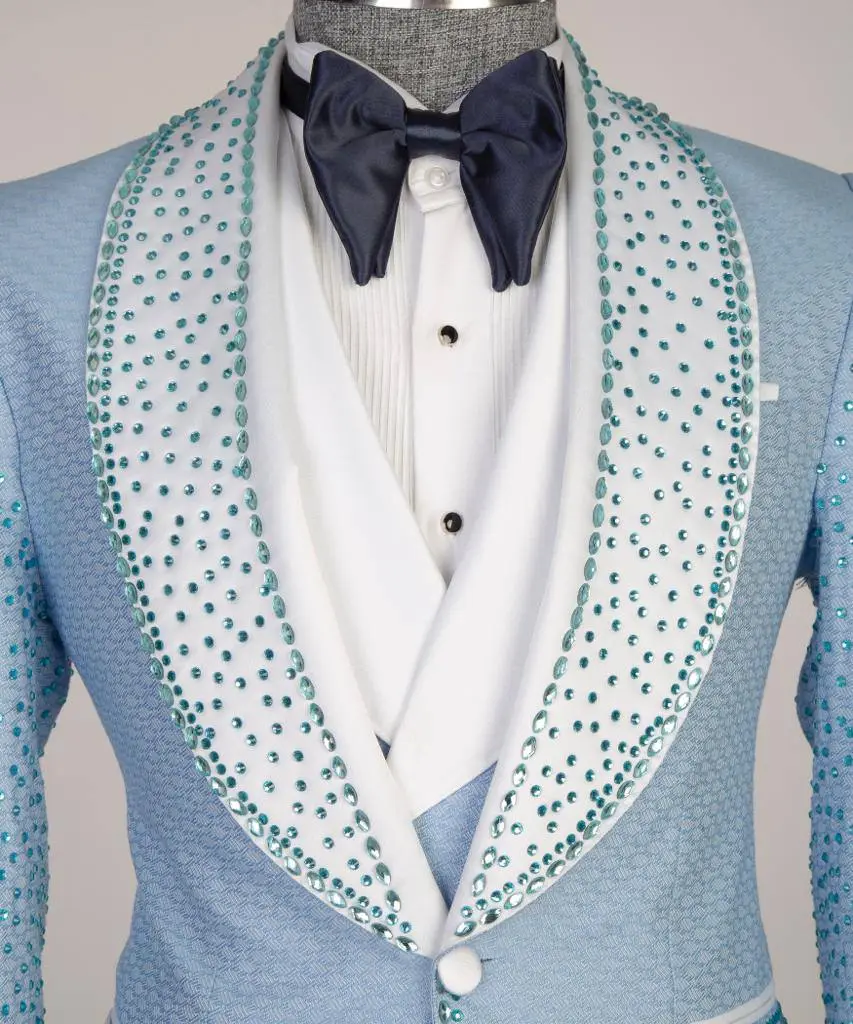 Men's 3 Piece Blue Costume, Suit, Beaded Tuxedo — photograph 2