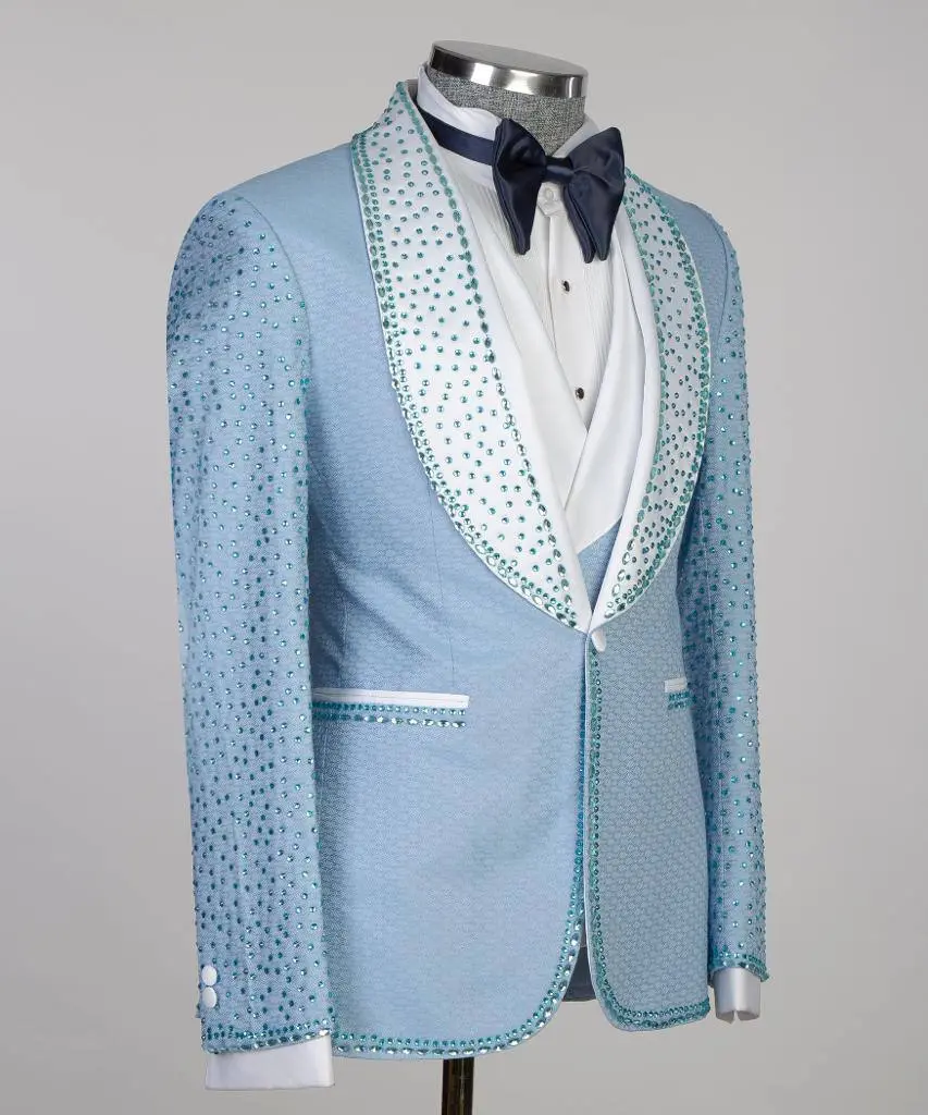 Men's 3 Piece Blue Costume, Suit, Beaded Tuxedo — photograph 3