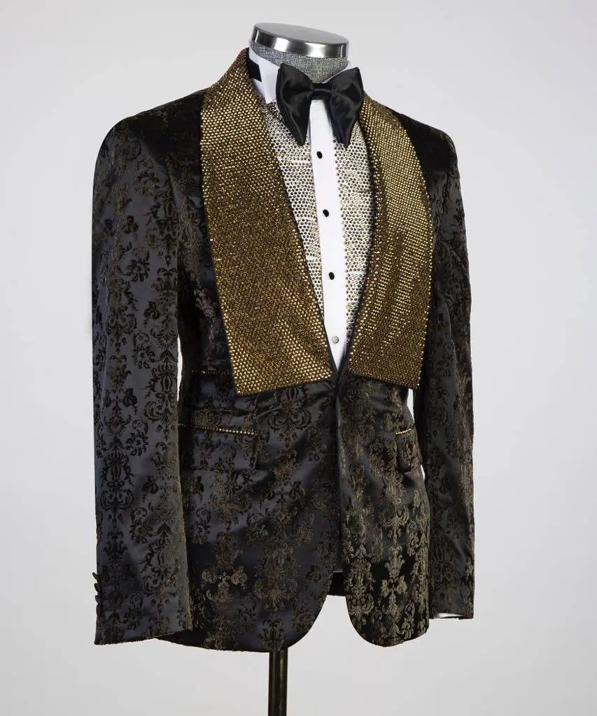 Men's 3 Piece Stone Designed Gold/Black Tuxedo — photograph 3