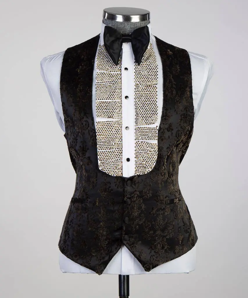 Men's 3 Piece Stone Designed Gold/Black Tuxedo — photograph 5