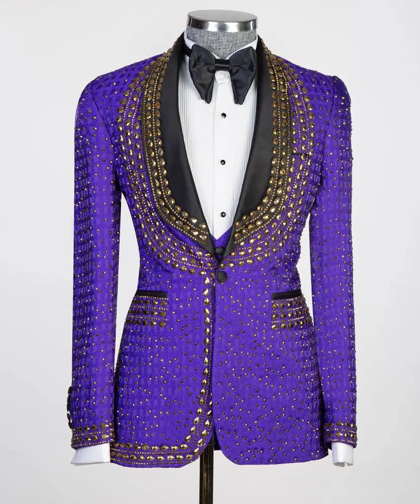Men's 3 Piece Purple Tuxedo, Beaded Costume Suit — photograph 1