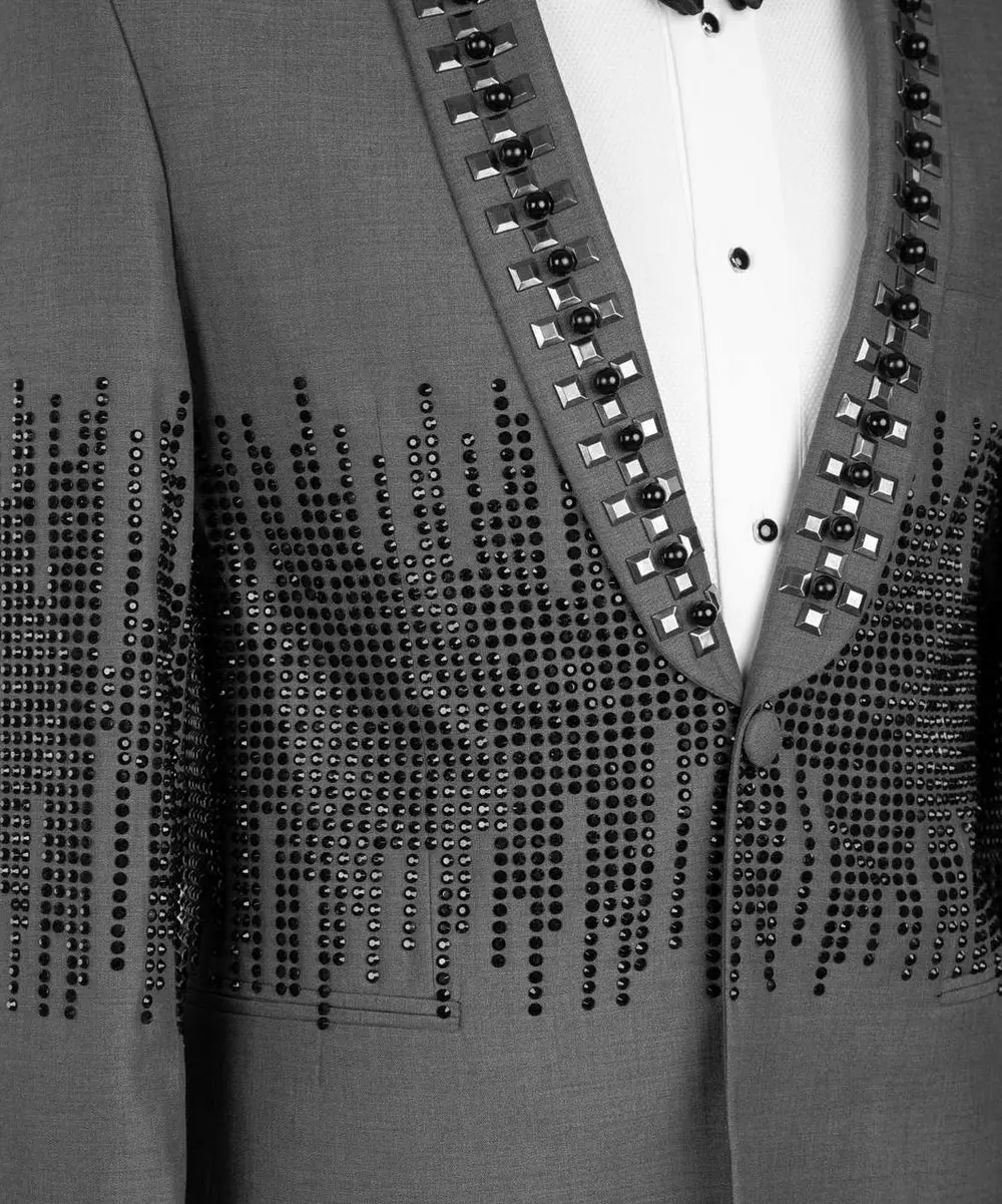 Men's 2 Piece Grey Tuxedo Suit Stone Stitched — photograph 3