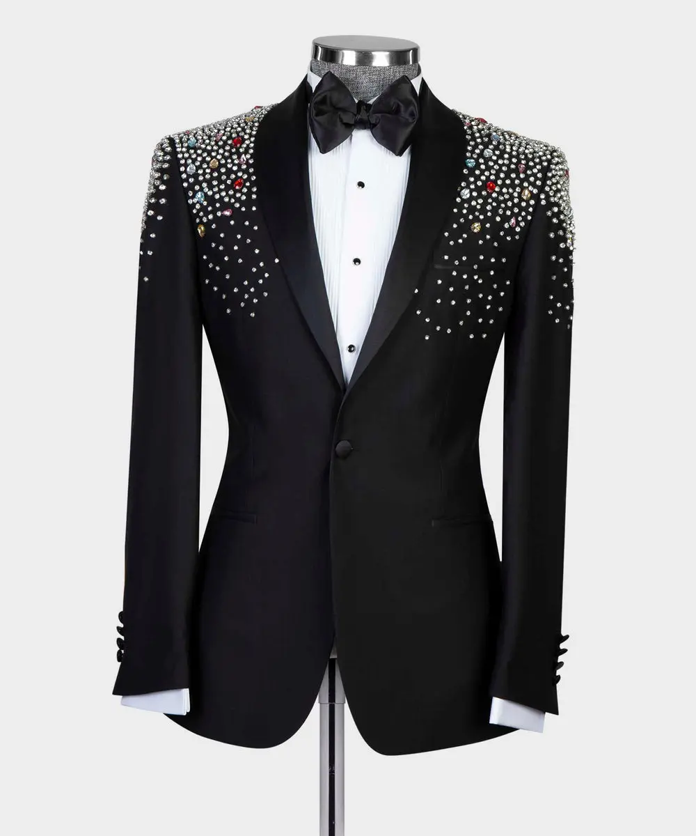 Men's 2 Piece, Shawl Lapel Beaded Tuxedo, Black — photograph 1