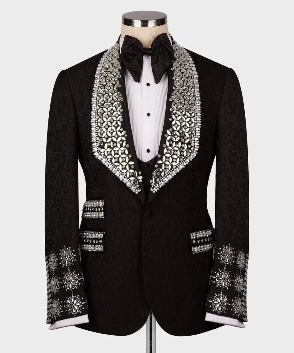 Men's 3 Piece Stone Stitched Black/Silver Tuxedo — photograph 1