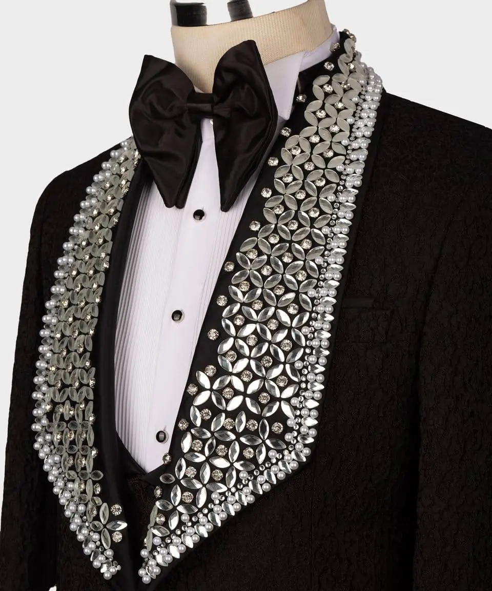 Men's 3 Piece Stone Stitched Black/Silver Tuxedo — photograph 2
