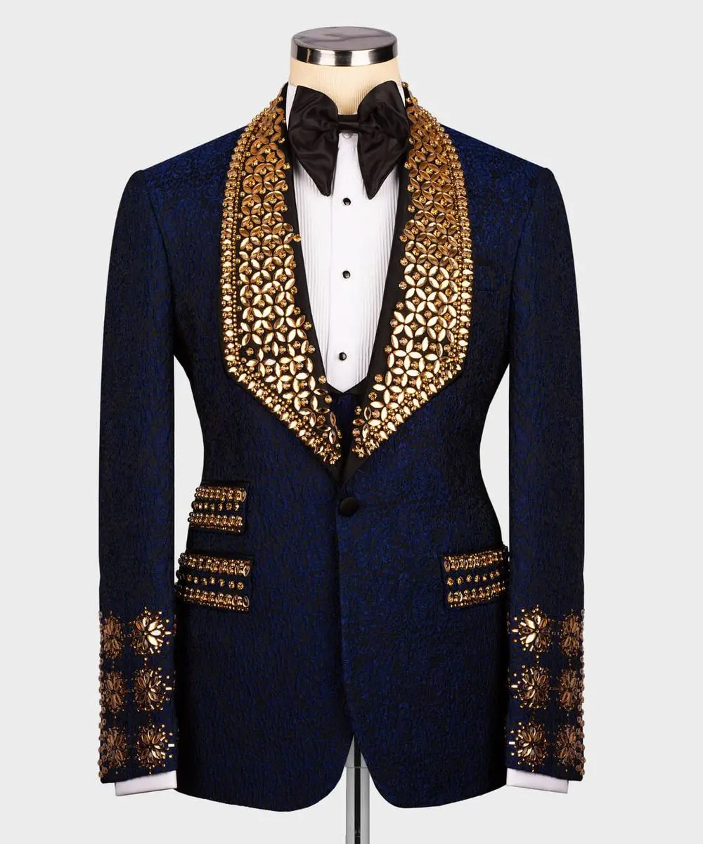 Men's 3 Piece Stone Stitched Navy/Gold Tuxedo — photograph 1