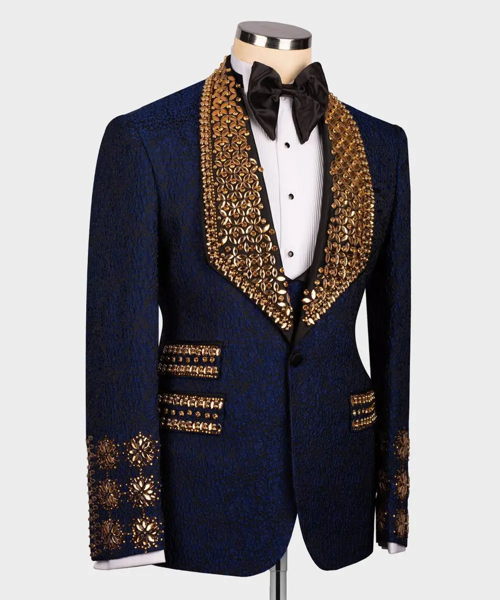 Men's 3 Piece Stone Stitched Navy/Gold Tuxedo — photograph 3