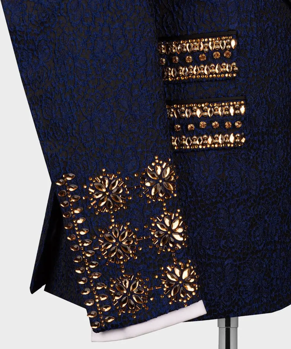 Men's 3 Piece Stone Stitched Navy/Gold Tuxedo — photograph 4