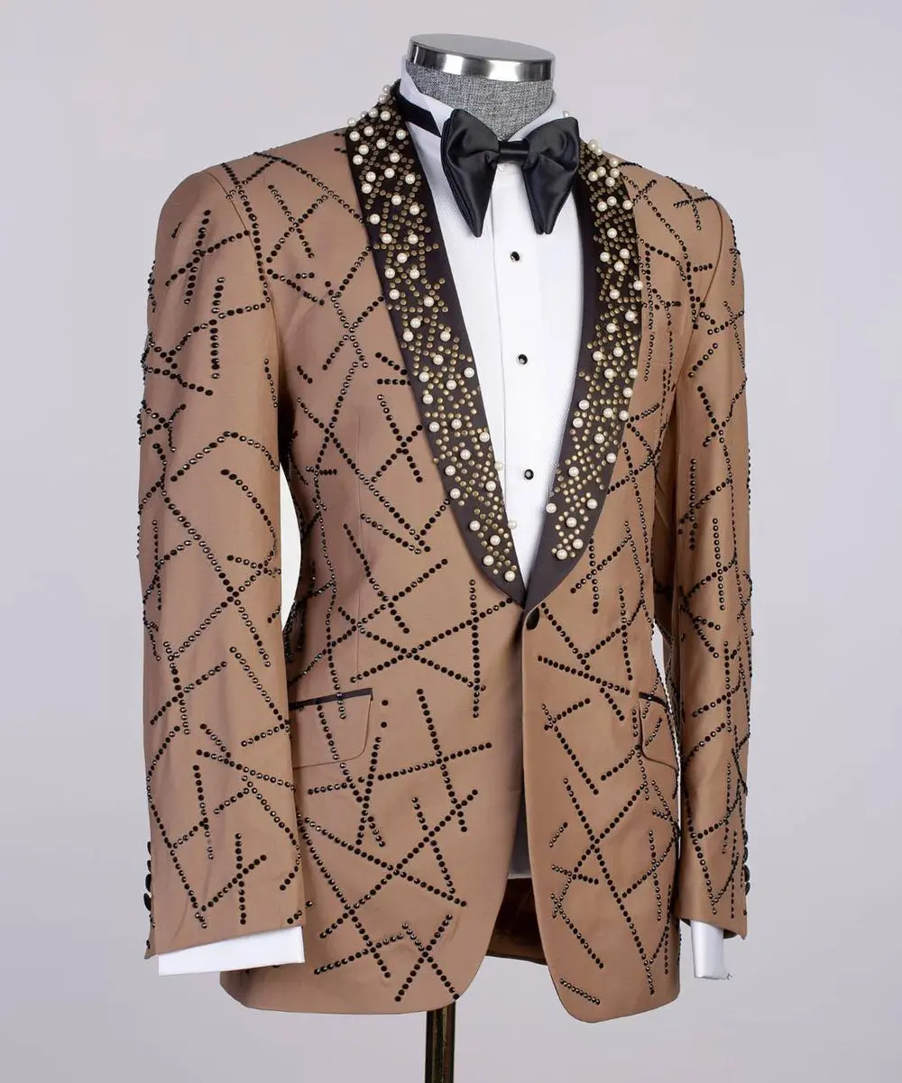 Men's 2 Piece Stone Stitched Brown Tuxedo Suit — photograph 2