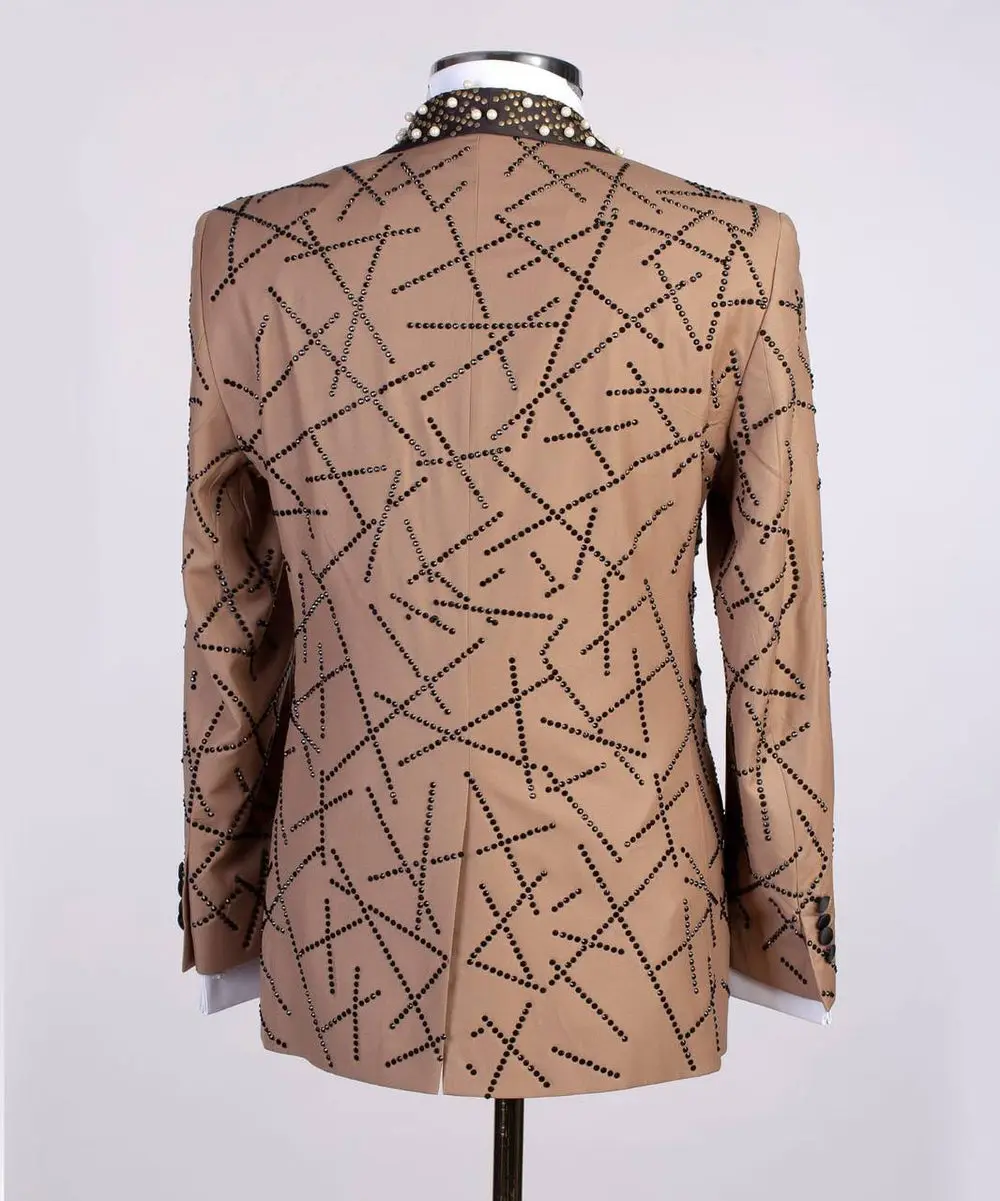 Men's 2 Piece Stone Stitched Brown Tuxedo Suit — photograph 3