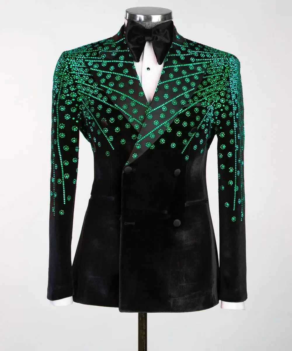 Black Velvet Tuxedo, Green Rhinestone, Double-Breasted — photograph 1