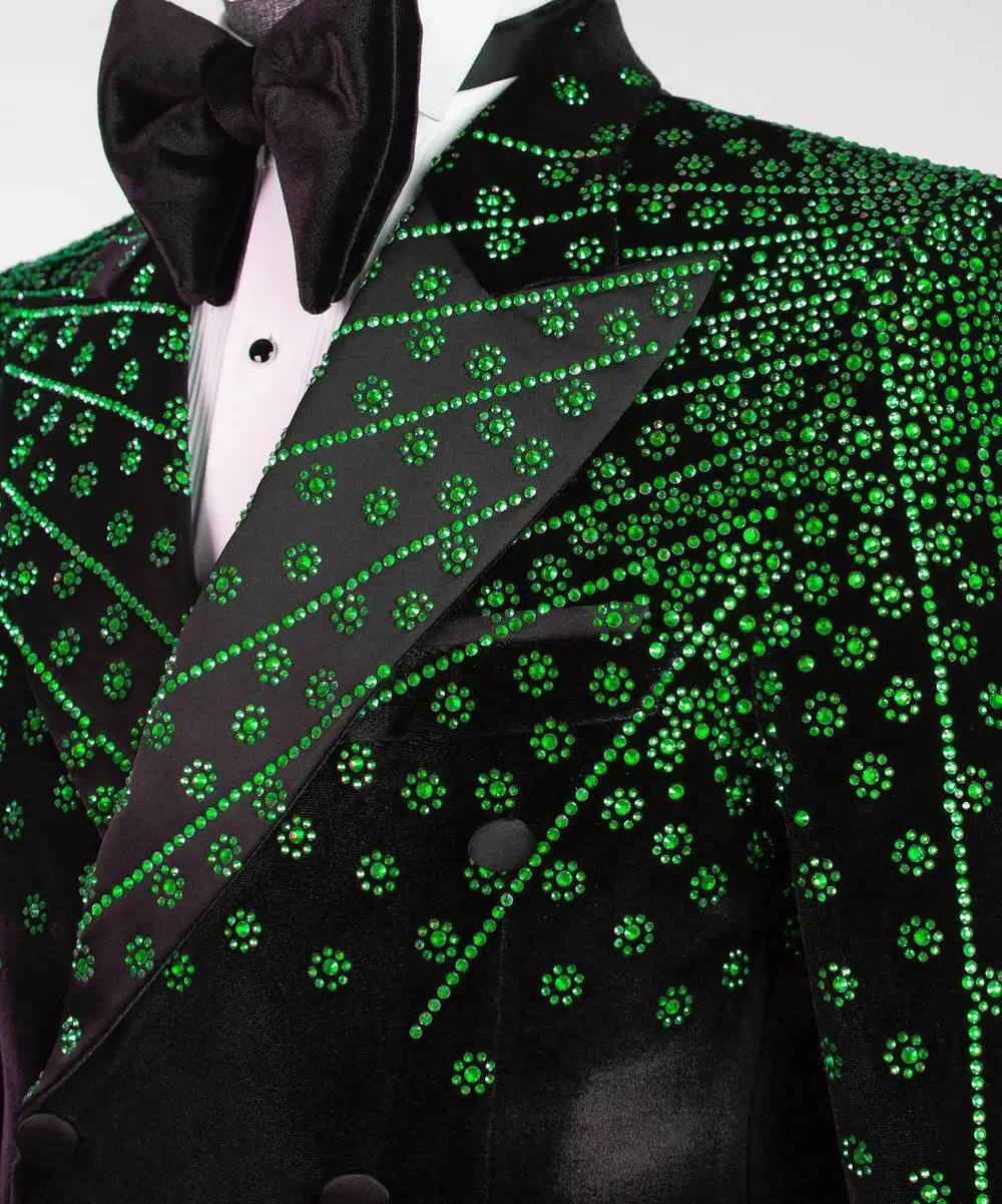 Black Velvet Tuxedo, Green Rhinestone, Double-Breasted — photograph 2