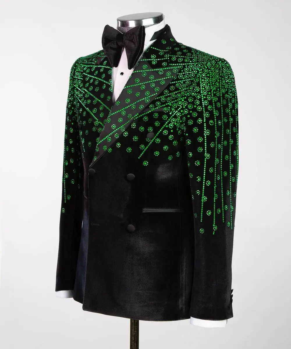 Black Velvet Tuxedo, Green Rhinestone, Double-Breasted — photograph 3