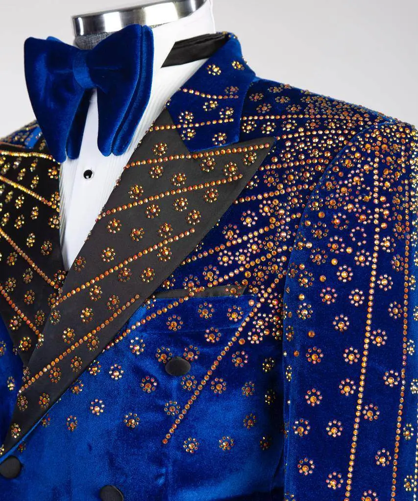 Blue Velvet Tuxedo, Gold Rhinestone, Double-Breasted — photograph 2