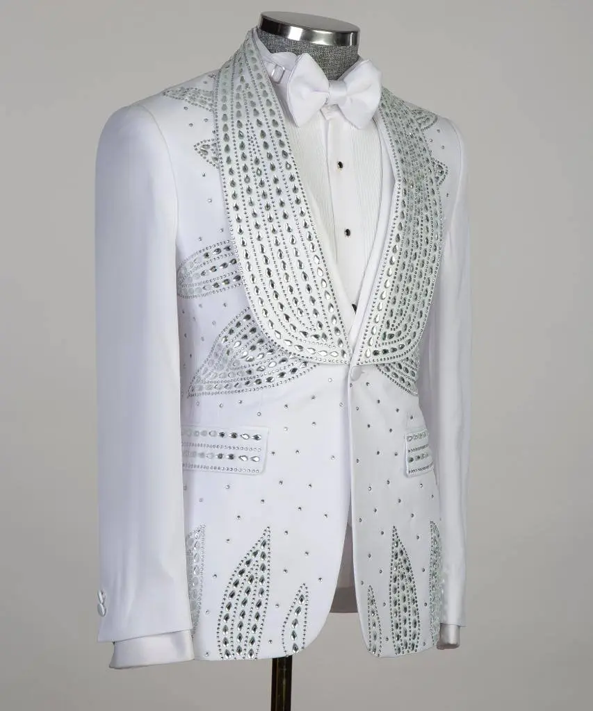 Men's 3 Piece Stone Designed White Tuxedo — photograph 3