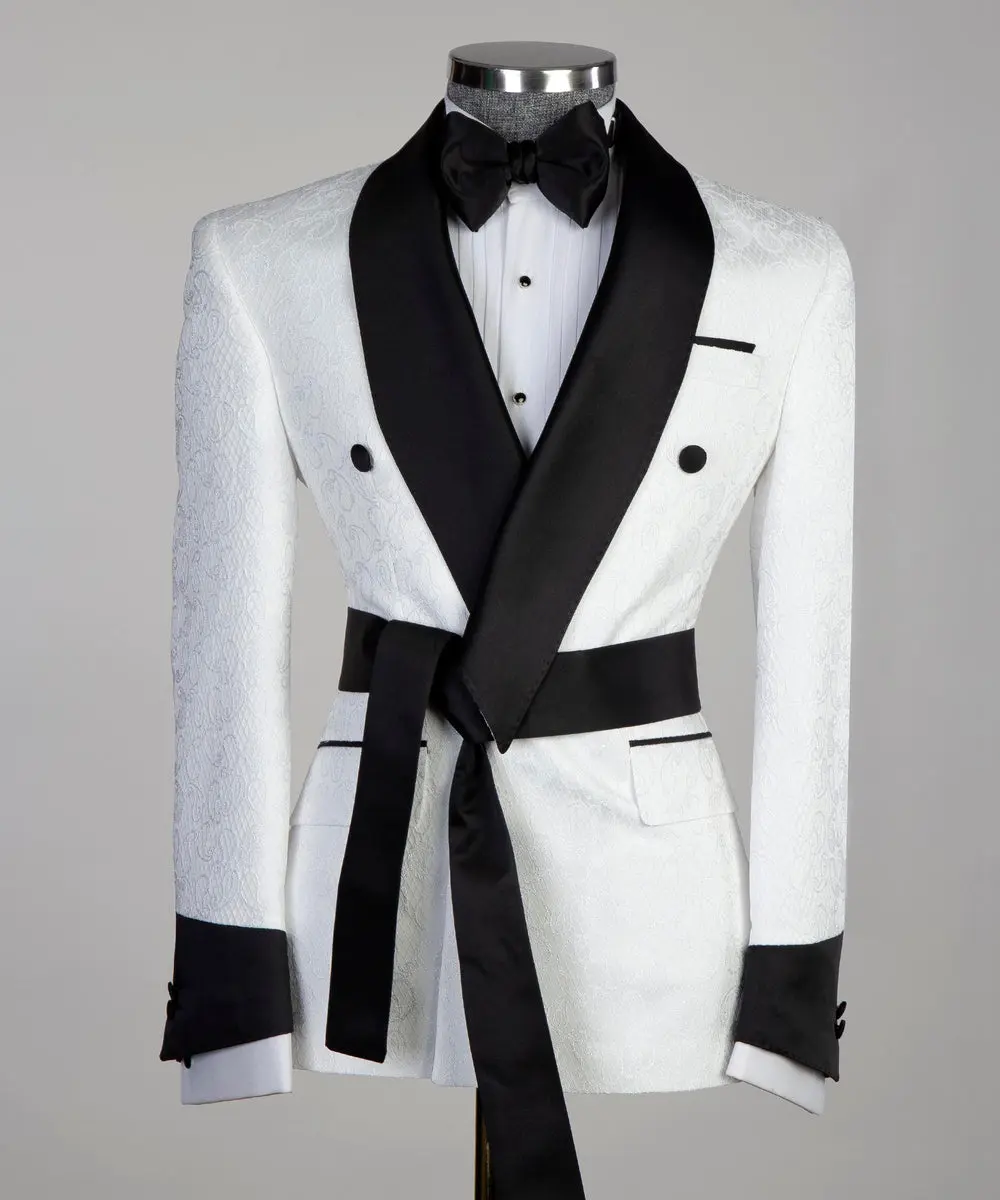 White Tuxedo with Black Collar,Belted — photograph 1